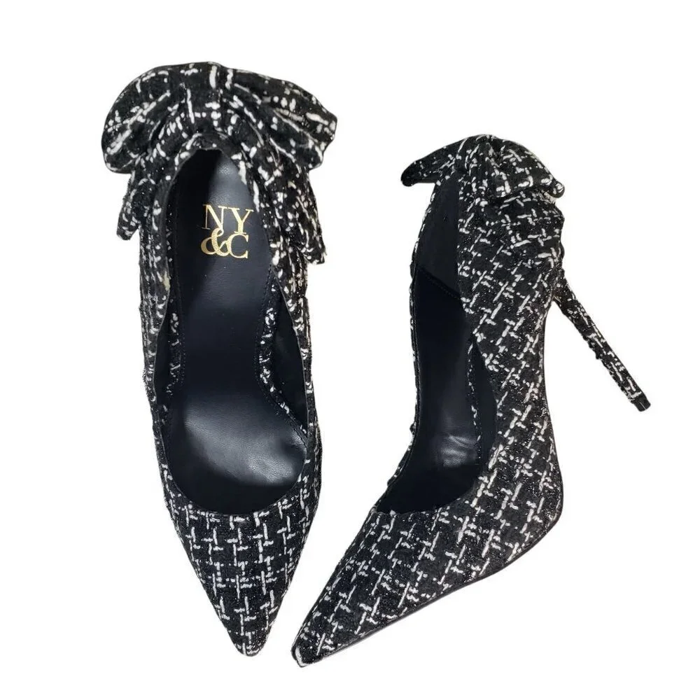 New York & Company Black Fabric Pointed Toe Slip-on Pumps with Bow Detail